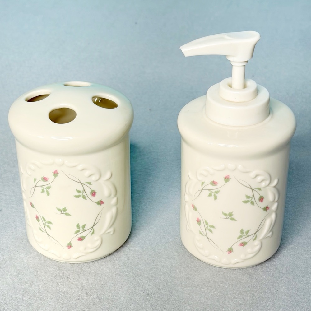Lenox Toothbrush Holder and Soap Dispenser "Rose Manor" Pattern Cottagecore